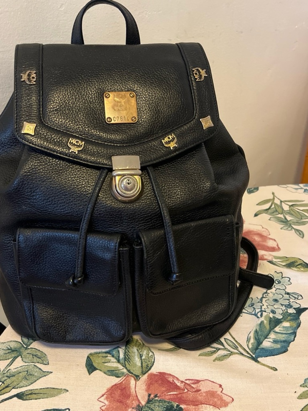 MCM Black Leather Logo Accent Backpack with Gold Plaque